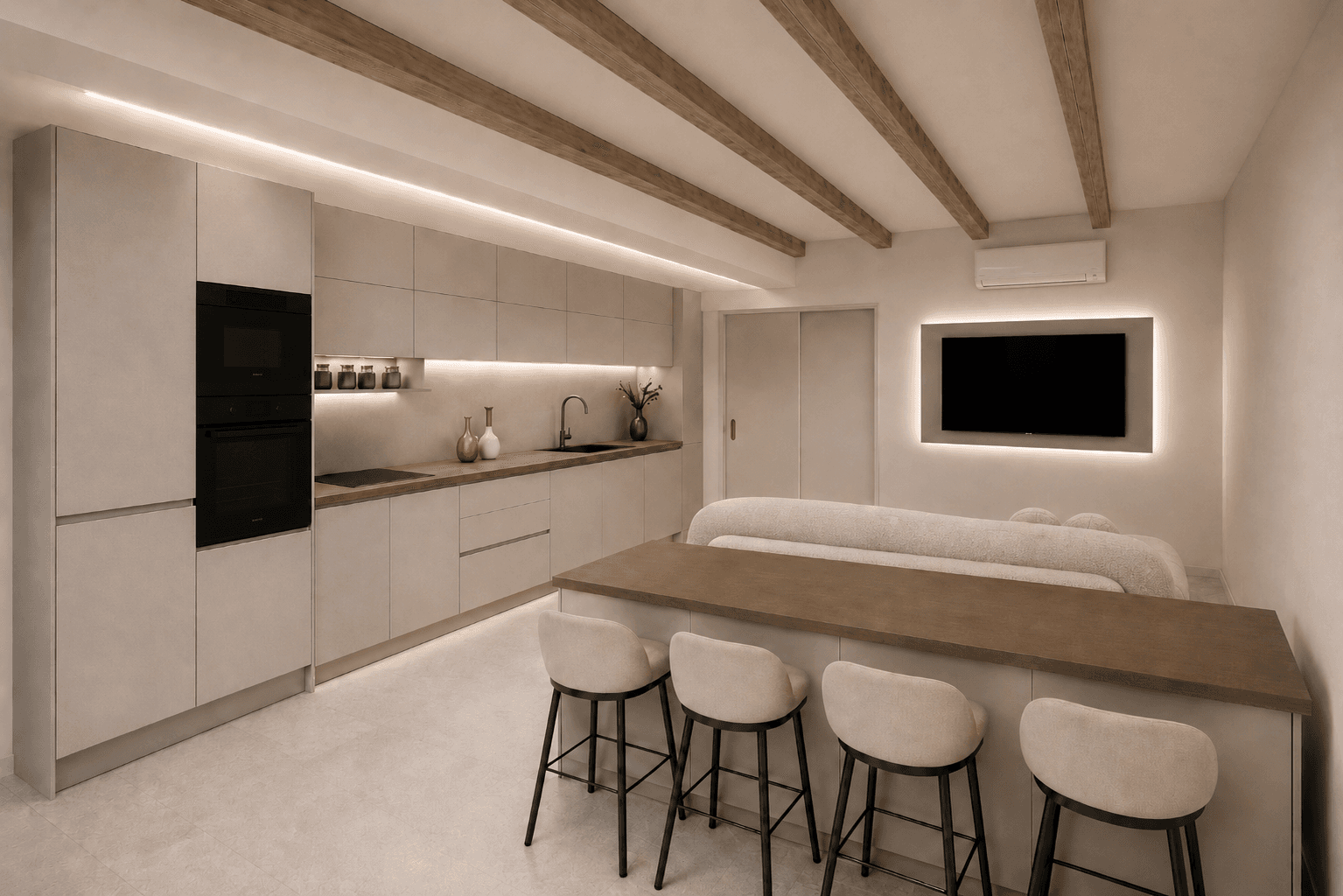Render di progetto della cucina con penisola dell’Appartamento 1