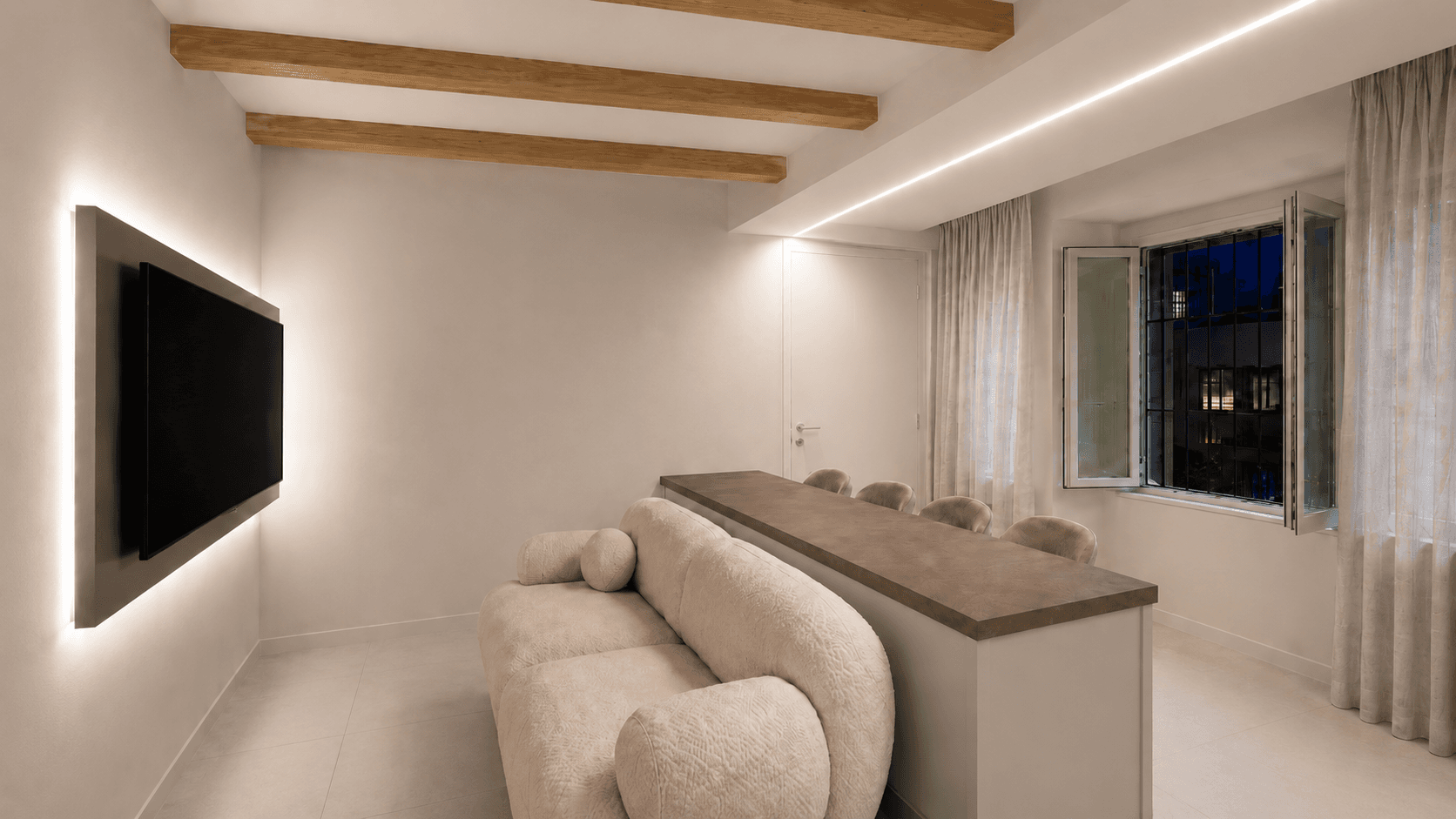Render di soggiorno AVM con parete TV e direzione materica